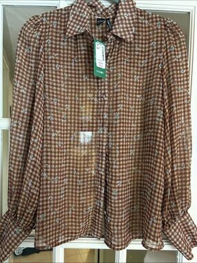 Simons Brown and Cream Gingham Shirt with Tiny Floral Print